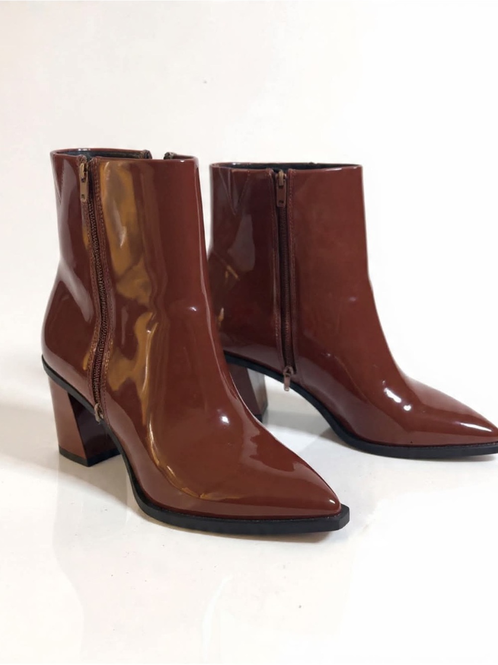 bp Glossy Pointed-Toe Ankle Booties in Red-Brown